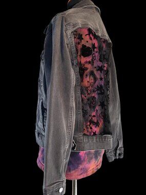 Prosperity Distressed Denim Jacket | Tattoo Flash Sheer Back Panel | Gothic